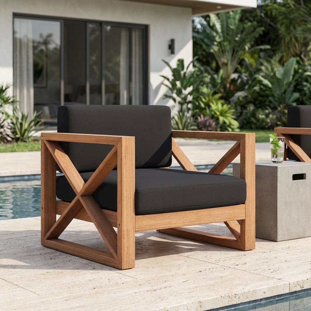 Contemporary Black Fabric Outdoor Chair With Cushioned Seat And Finish