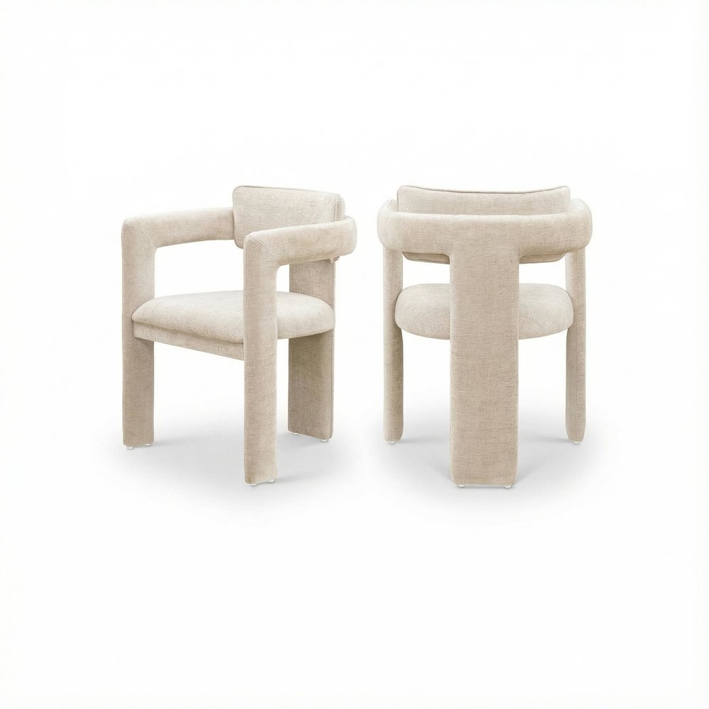 Beige Chenille Fabric Dining Chairs Set of 2 with Armrests and Cushioned Seats