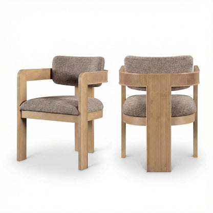 Neutral Linen Textured Dining Chairs Set of 2 with Armrests and Art Deco Design