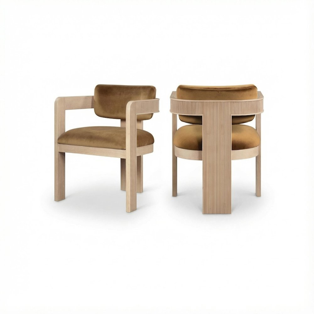 Neutral Velvet Dining Chairs Set of 2 with Armrests and Art Deco Design