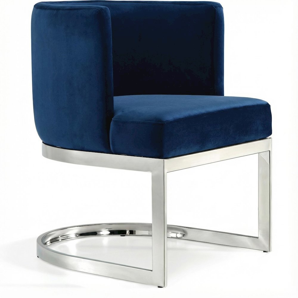 Navy Velvet Dining Chair with Chrome Frame and Contemporary Arm Design