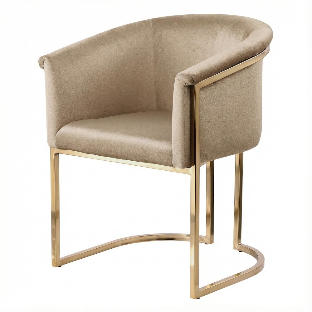 Beige Velvet Dining Chair in Brushed Brass with Contemporary Back Support