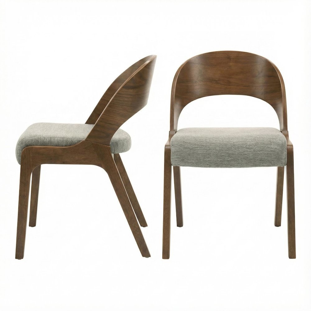 Walnut-Finish Dining Chairs Set of 2 - Gray Linen Textured Fabric, Mid Century