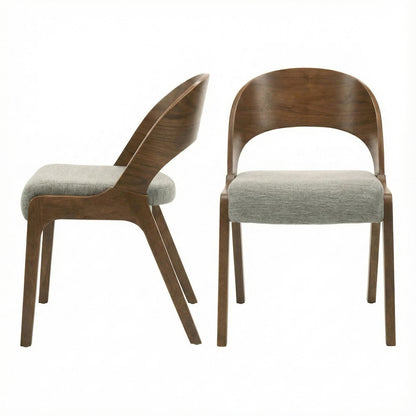Walnut-Finish Dining Chairs Set of 2 - Gray Linen Textured Fabric, Mid Century
