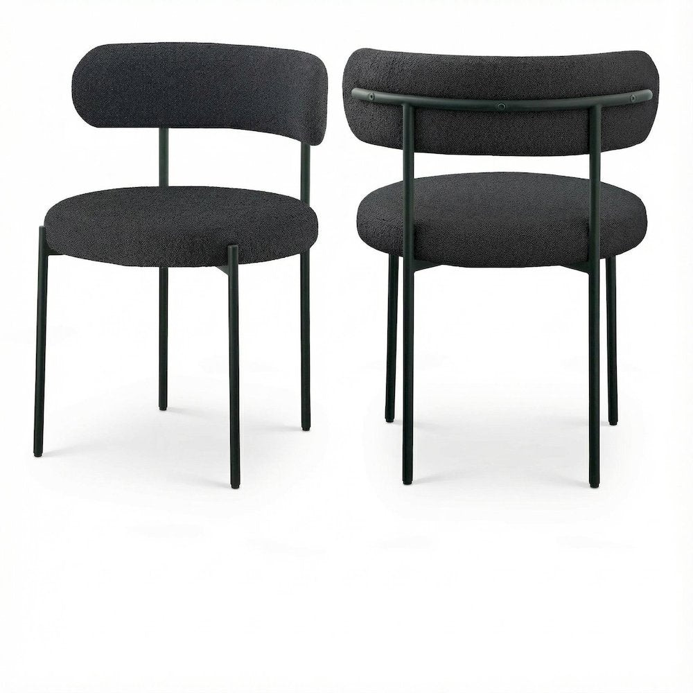 Matte Black Boucle Fabric Dining Chairs Set of 2 with Cushioned Seats