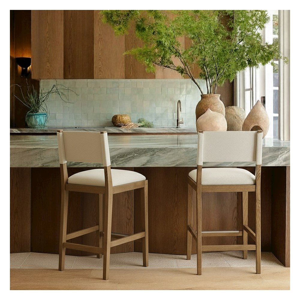 Avon Beige Linen Textured Performance Fabric Upholstered Counter Stool