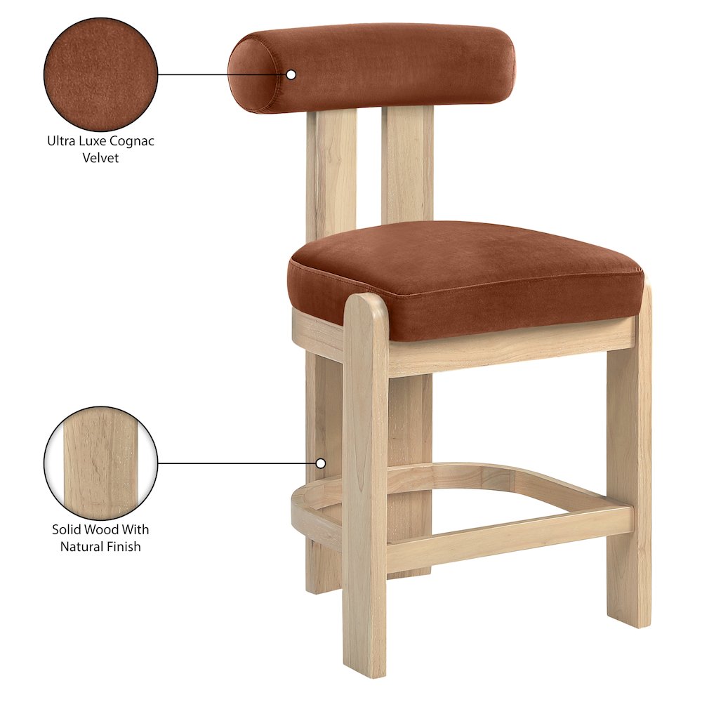 Arienzo Cognac Velvet Performance Fabric Upholstered Counter Stool, Set of 2