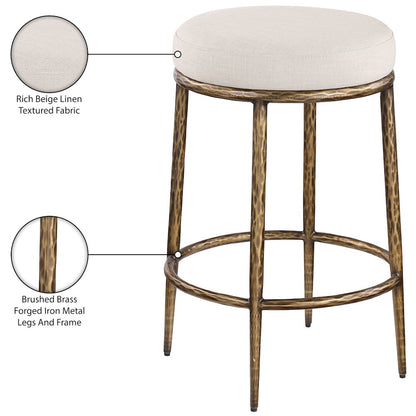 Ferro Beige Linen Textured Performance Fabric Upholstered Counter Stool