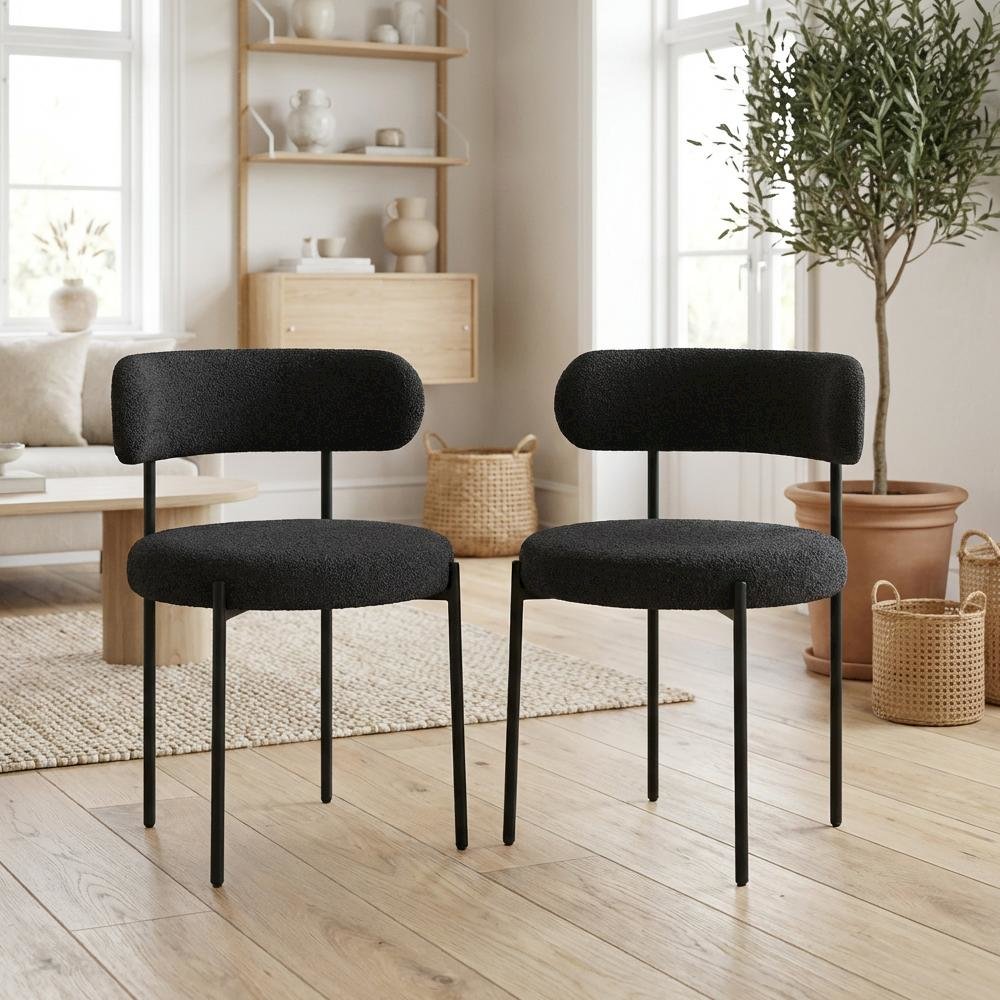 Matte Black Boucle Fabric Dining Chairs Set of 2 with Cushioned Seats
