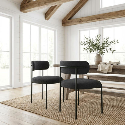 Matte Black Boucle Fabric Dining Chairs Set of 2 with Cushioned Seats