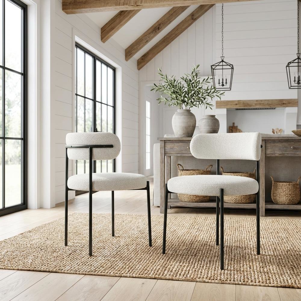 Matte Black Boucle Dining Chairs Set of 2 with Contemporary Backrest Design