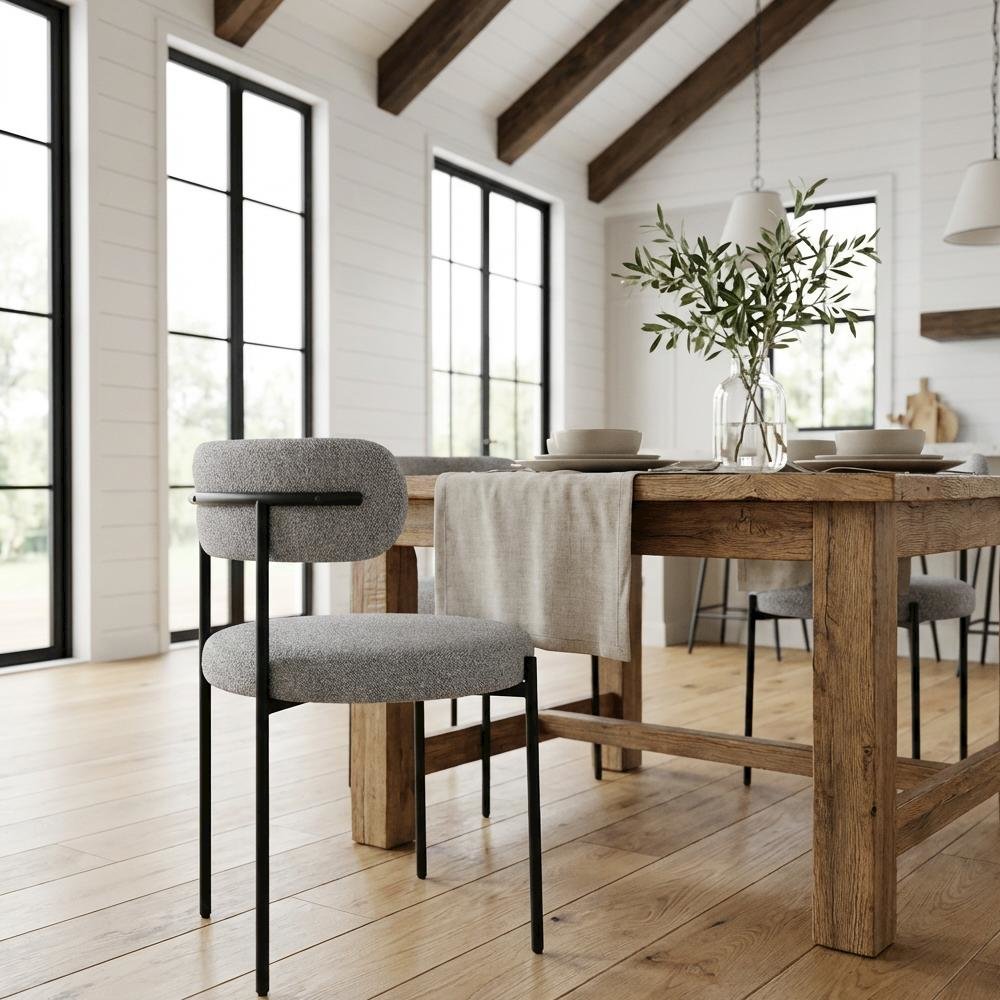 Matte Black Dining Chair Set of 2 with Boucle Fabric and Contemporary Backrest