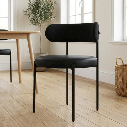 Matte Black Dining Chairs Set of 2 with Vegan Leather and Boucle Upholstery