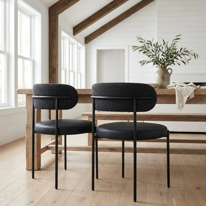 Matte Black Dining Chairs Set of 2 with Vegan Leather and Boucle Upholstery