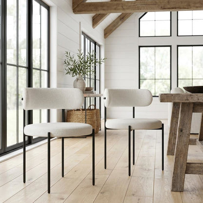 Matte Black Vegan Leather and Boucle Dining Chair Set of 2