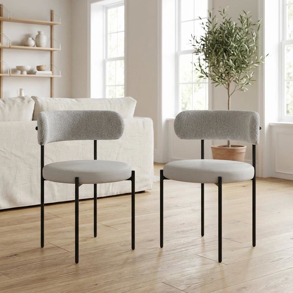 Matte Black Vegan Leather and Boucle Dining Chair Set of 2