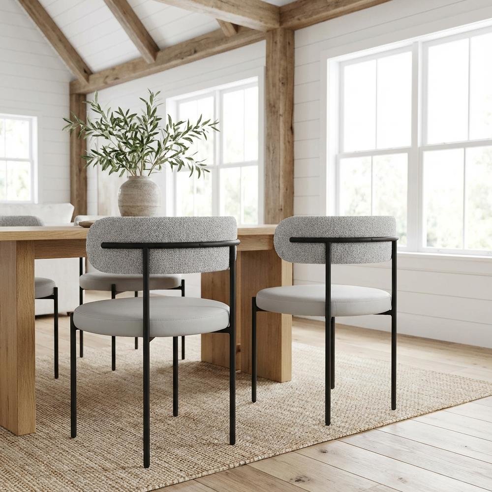 Matte Black Vegan Leather and Boucle Dining Chair Set of 2