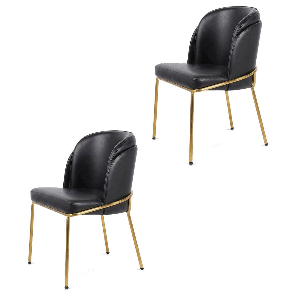Vegan Leather Dining Chairs with Gold Iron Legs, Black Vegan Leather, Set of 2