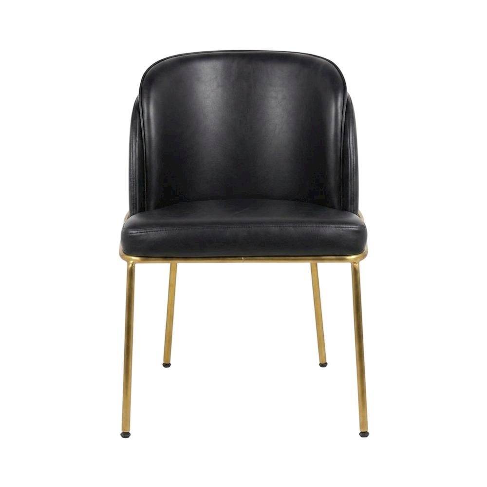 Vegan Leather Dining Chairs with Gold Iron Legs, Black Vegan Leather, Set of 2