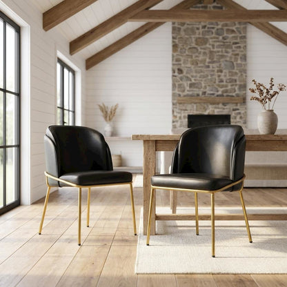 Vegan Leather Dining Chairs with Gold Iron Legs, Black Vegan Leather, Set of 2