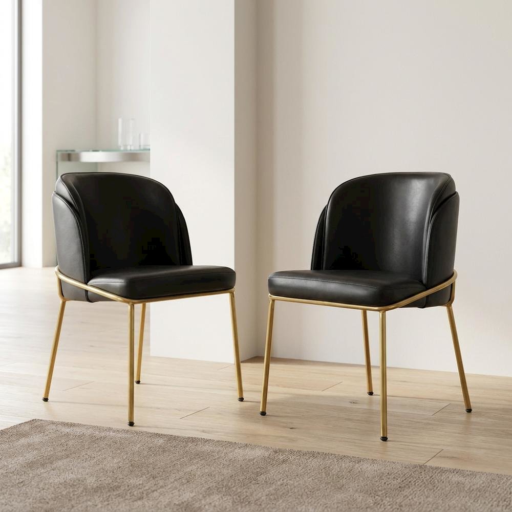 Vegan Leather Dining Chairs with Gold Iron Legs, Black Vegan Leather, Set of 2
