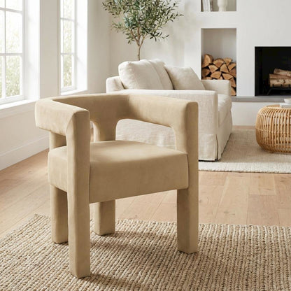 Camel Velvet Dining Chair with Armrests and Cushioned Seat Contemporary Design