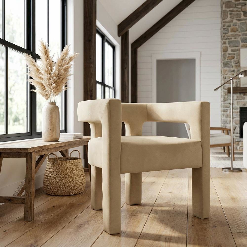 Camel Velvet Dining Chair with Armrests and Cushioned Seat Contemporary Design