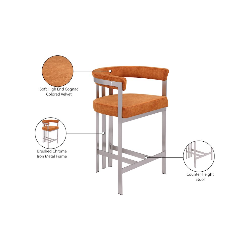 Marcello Cognac Velvet Counter Stool, Set of 2