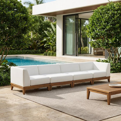 Contemporary White Fabric Outdoor Modular Sofa For Patio With Acacia Wood Finish