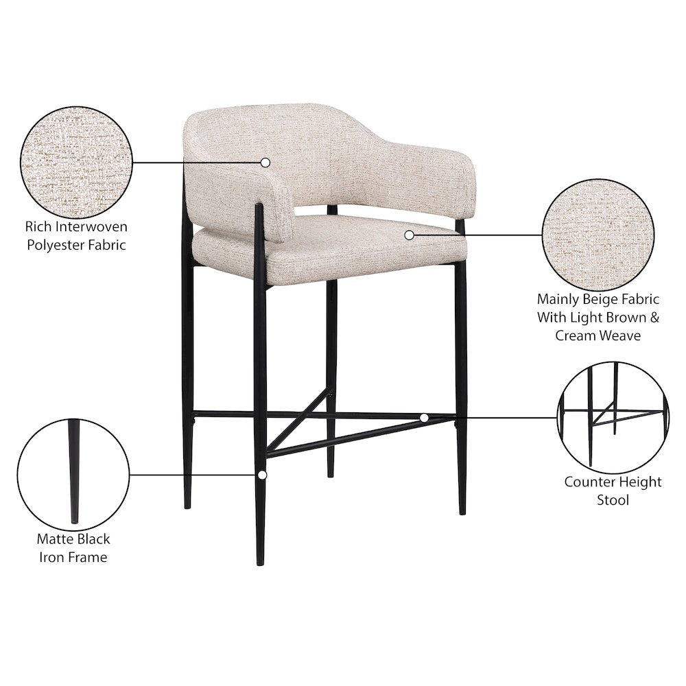 Dame Beige Fabric Upholstered Counter Stool, Set of 2