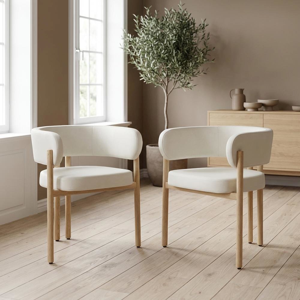Neutral Vegan Leather Dining Chairs Set of 2 with Armrests and Cushioned Seats