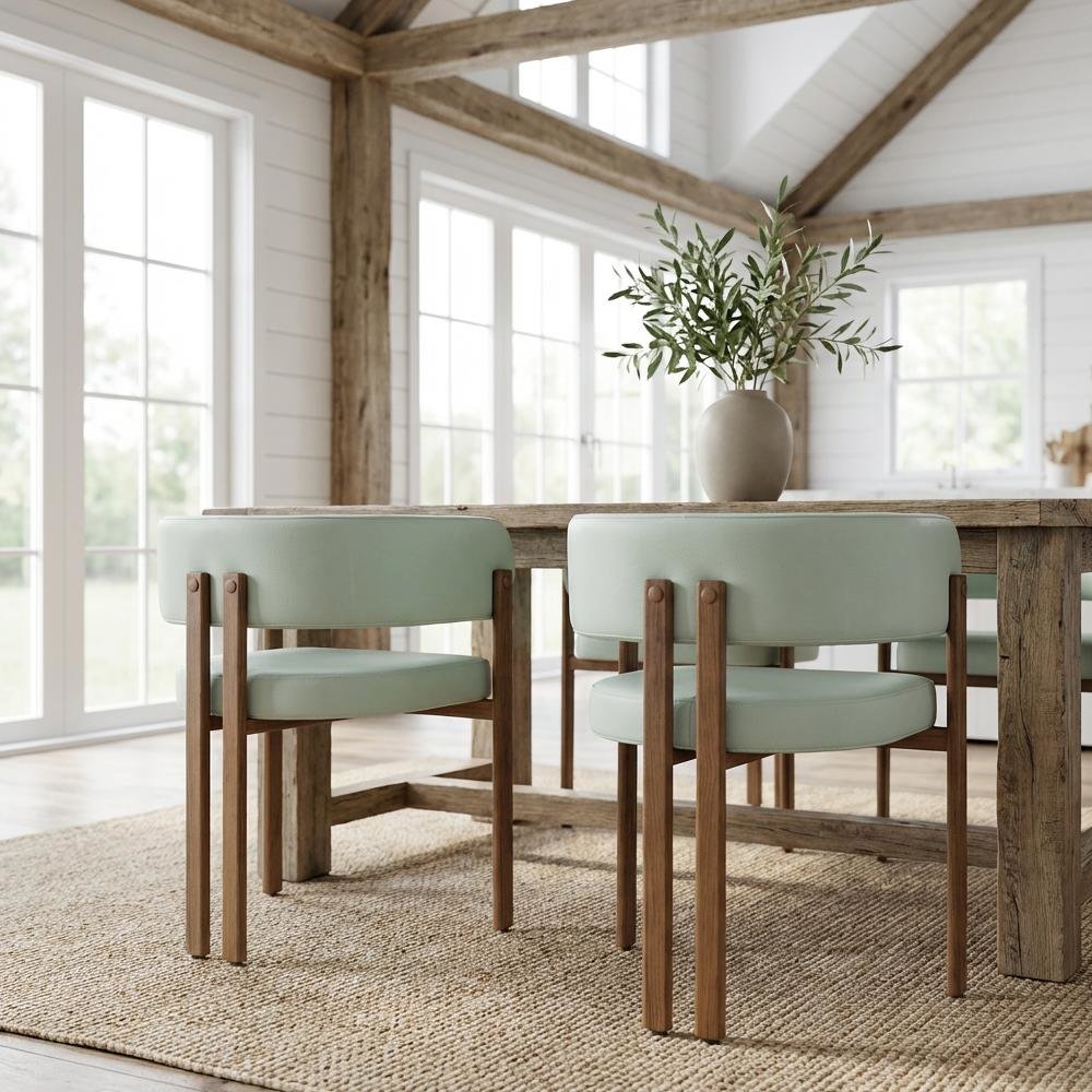 Walnut Vegan Leather Dining Chair Set of 2 with Armrests and Contemporary Design