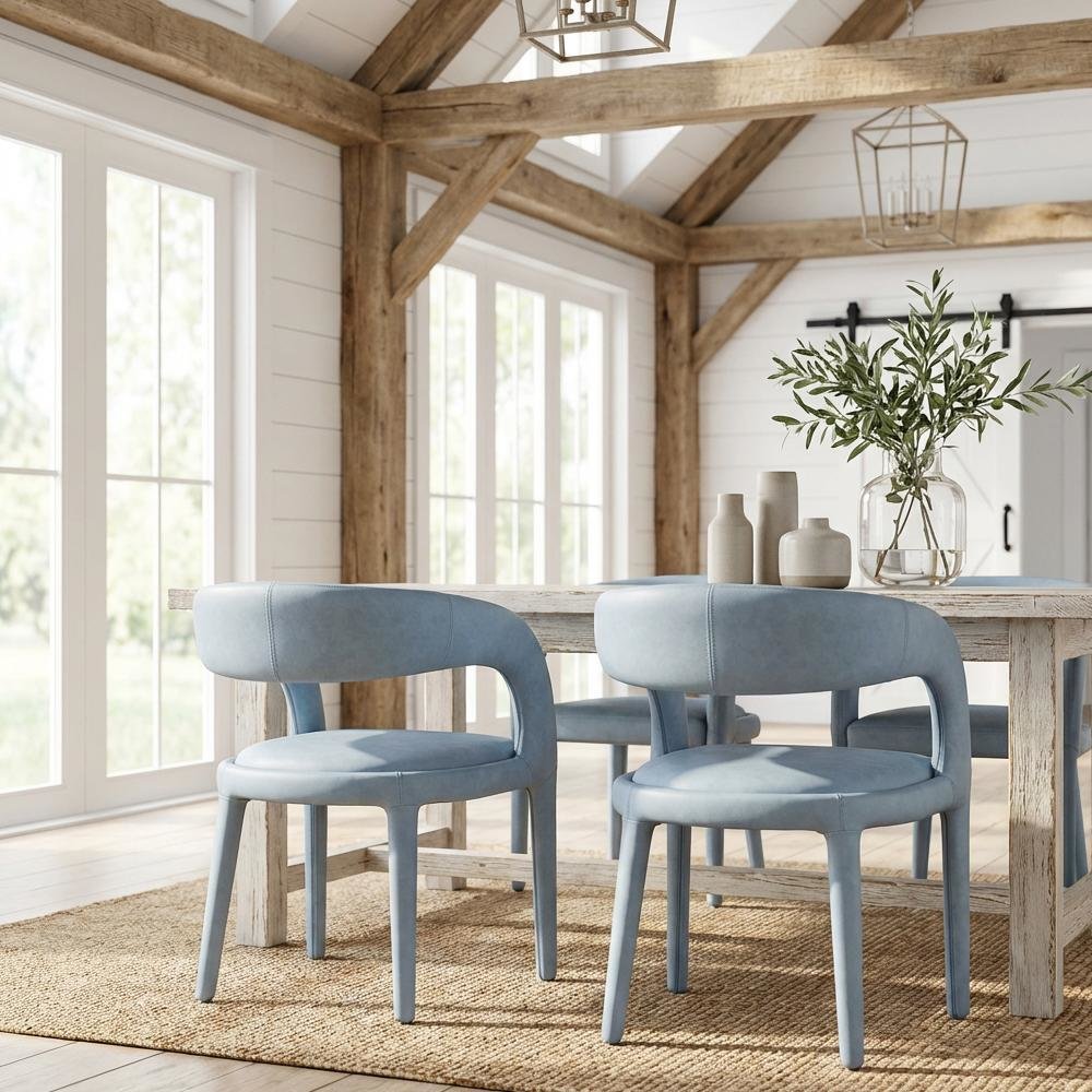 Light Blue Vegan Leather Dining Chair with Armrests Contemporary Seating SKU