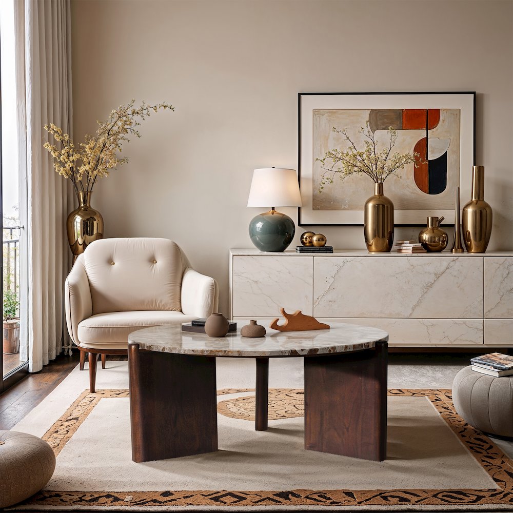 Varenna Beige Marble Top And Acacia Wood Base Coffee Table