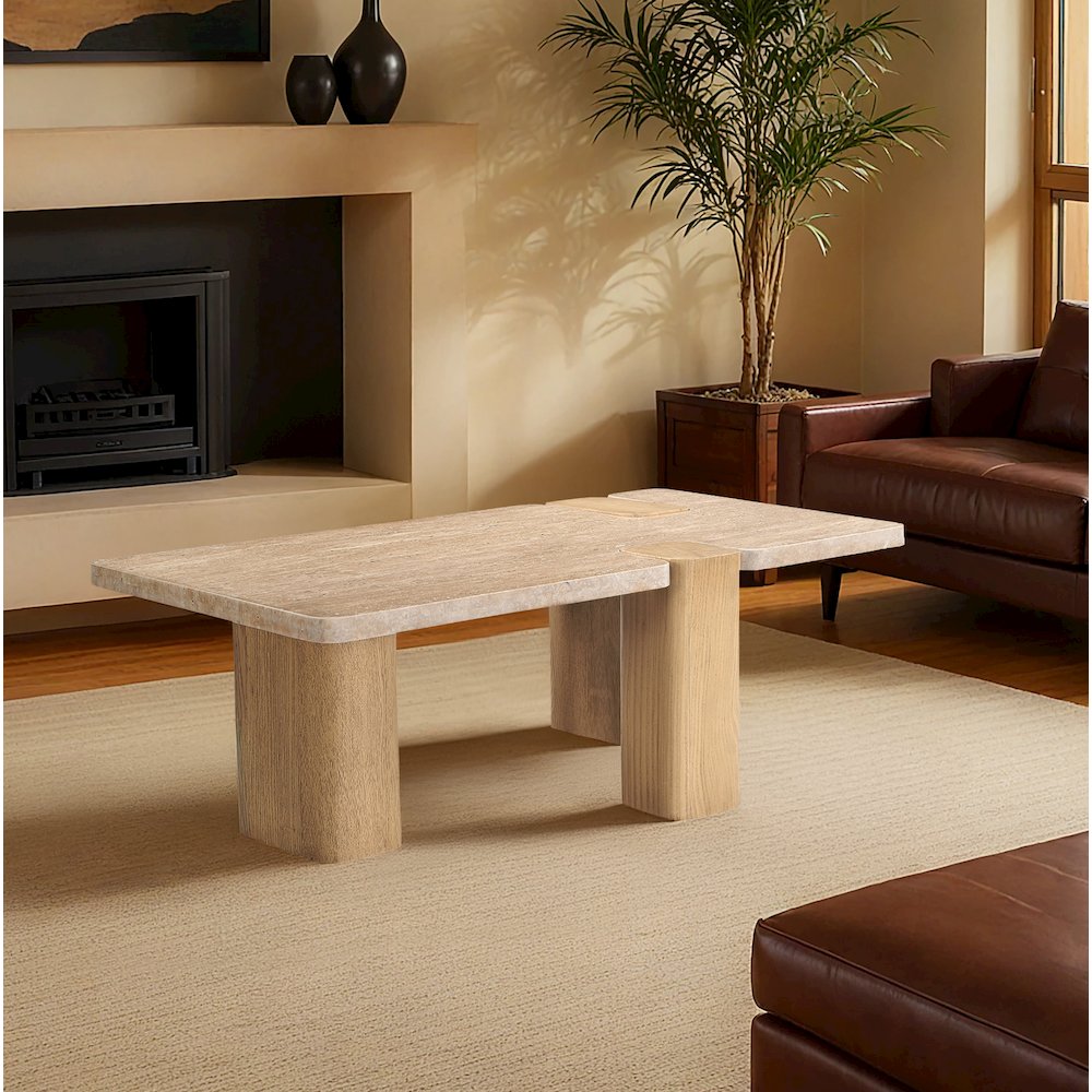 Ravenna Natural Genuine Travertine and Oak Wood Coffee Table