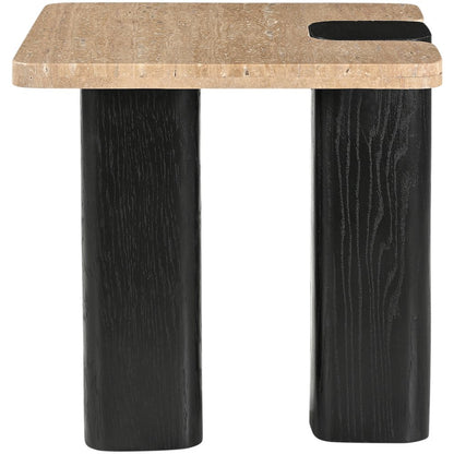Ravenna Beige Genuine Travertine Top And Oak Wood Base End / Side Table
