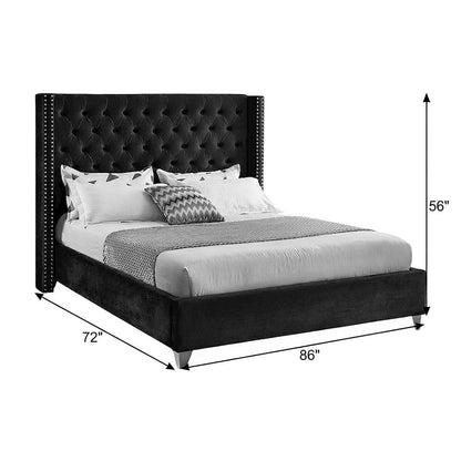 Velvet Queen Platform Bed, Tufted Wingback Headboard and Nailheads, Black Velvet