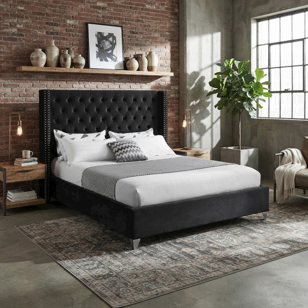 Velvet Queen Platform Bed, Tufted Wingback Headboard and Nailheads, Black Velvet