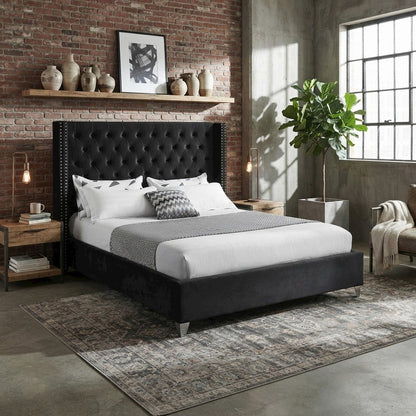 Velvet Queen Platform Bed, Tufted Wingback Headboard and Nailheads, Black Velvet