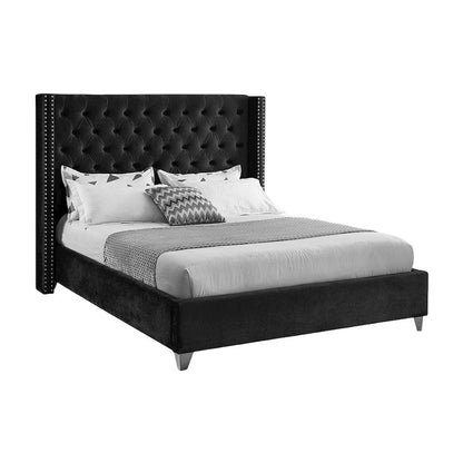Velvet Queen Platform Bed, Tufted Wingback Headboard and Nailheads, Black Velvet