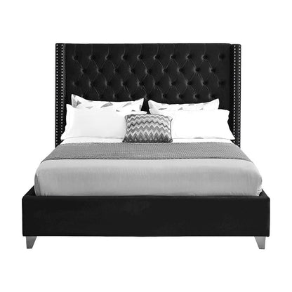 Velvet Queen Platform Bed, Tufted Wingback Headboard and Nailheads, Black Velvet