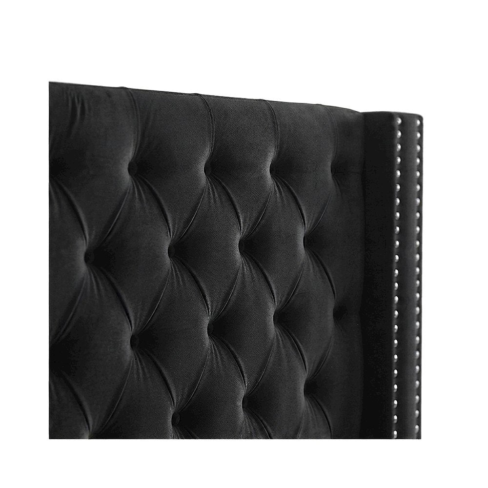 Velvet Queen Platform Bed, Tufted Wingback Headboard and Nailheads, Black Velvet