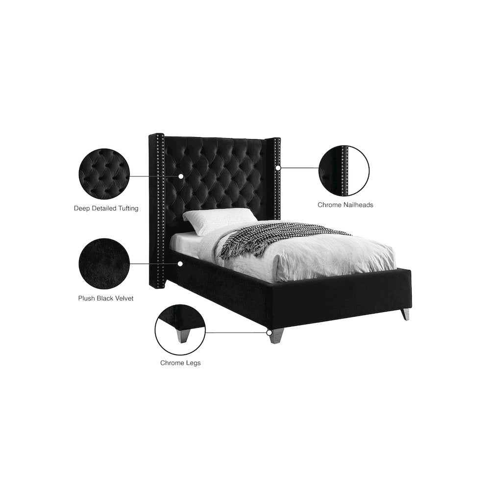 Aiden Black Velvet Twin Bed