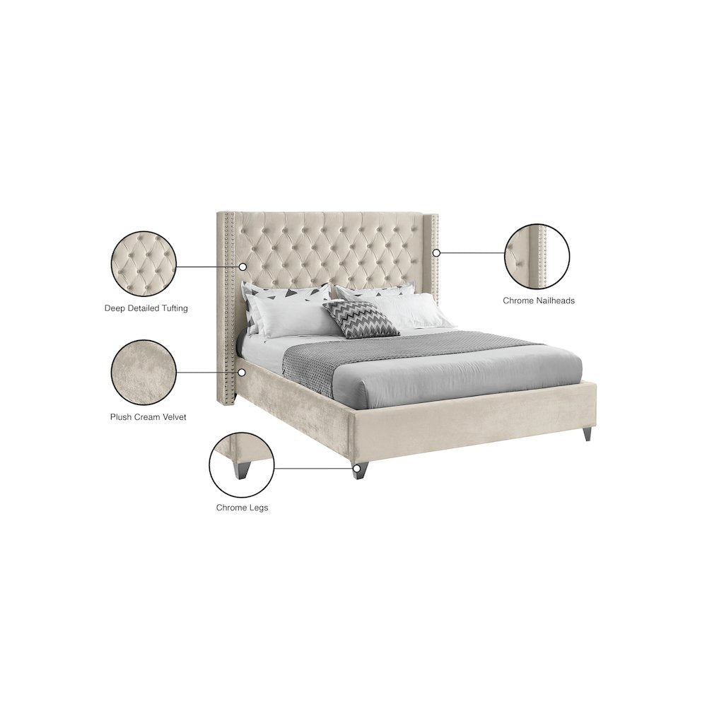 Aiden Cream Velvet Queen Bed