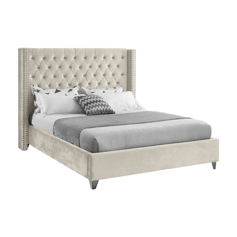 Velvet Queen Platform Bed, Tufted Wingback Headboard and Nailheads, Cream Velvet