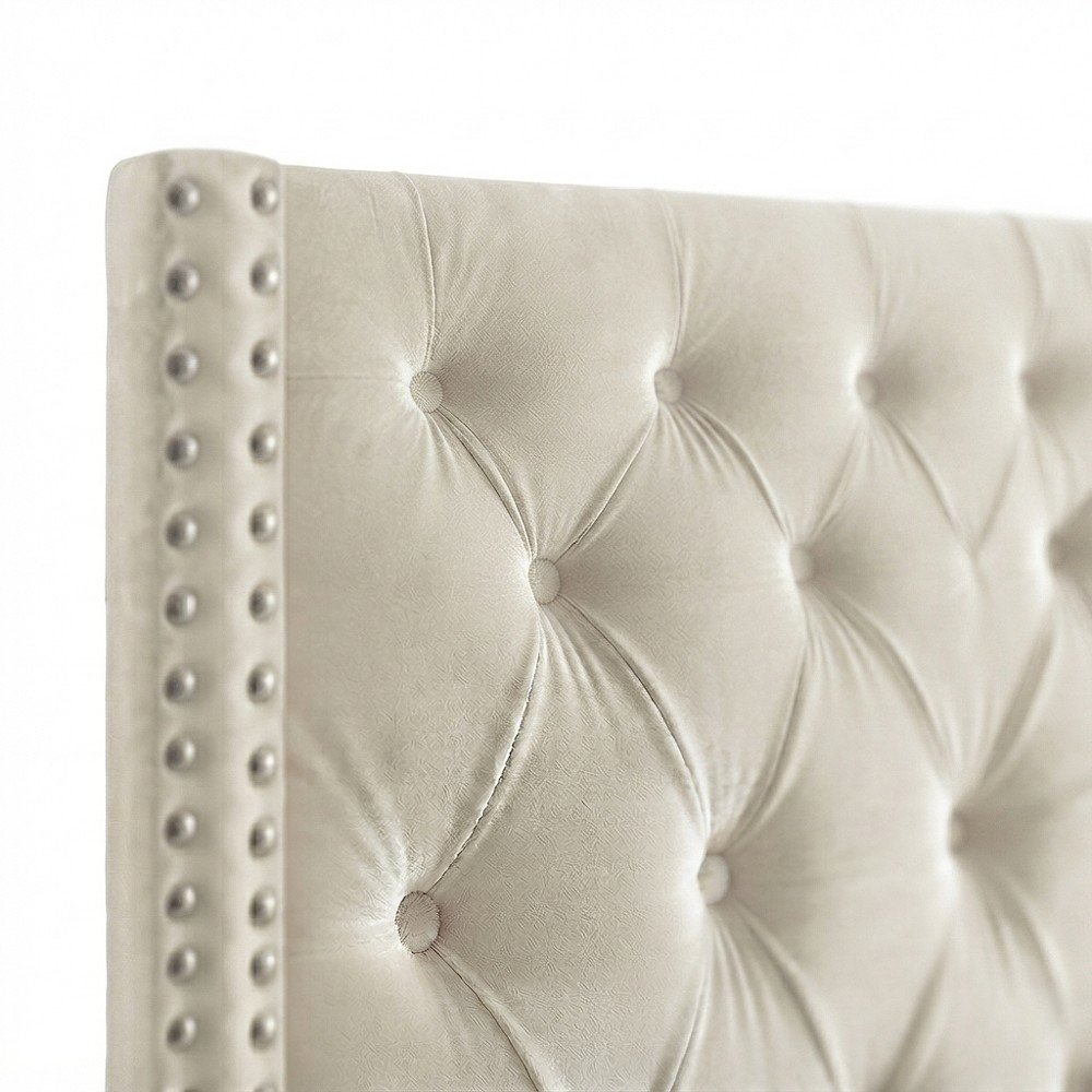 Velvet Queen Platform Bed, Tufted Wingback Headboard and Nailheads, Cream Velvet