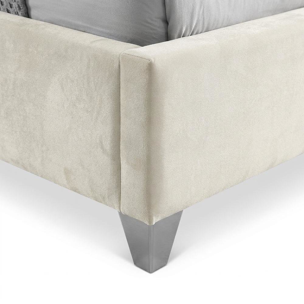 Velvet Queen Platform Bed, Tufted Wingback Headboard and Nailheads, Cream Velvet