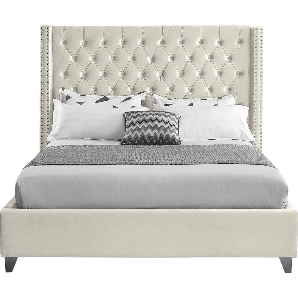 Velvet Queen Platform Bed, Tufted Wingback Headboard and Nailheads, Cream Velvet