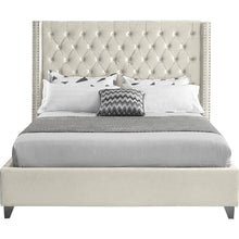 Velvet Queen Platform Bed, Tufted Wingback Headboard and Nailheads, Cream Velvet