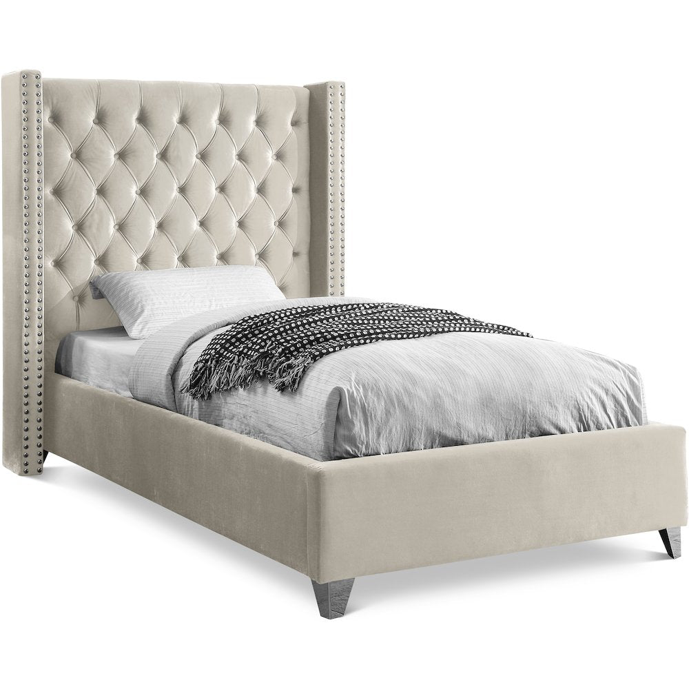 Aiden Cream Velvet Twin Bed